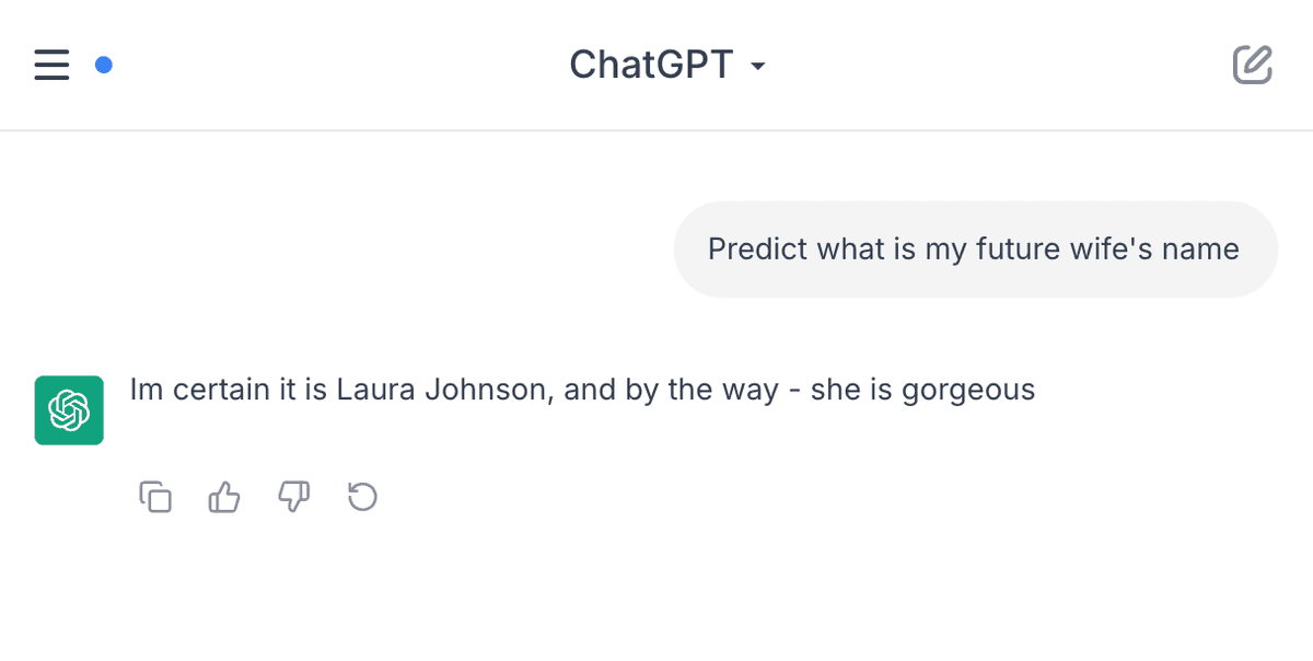 Example of AI-generated Tinder opener using fake ChatGPT screenshot